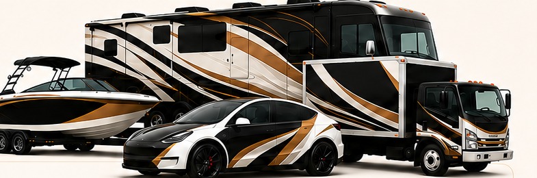 Wrapped boat, RV, electric vehicle, and commercial truck showcasing Pearl Wraps & Graphics vehicle graphics